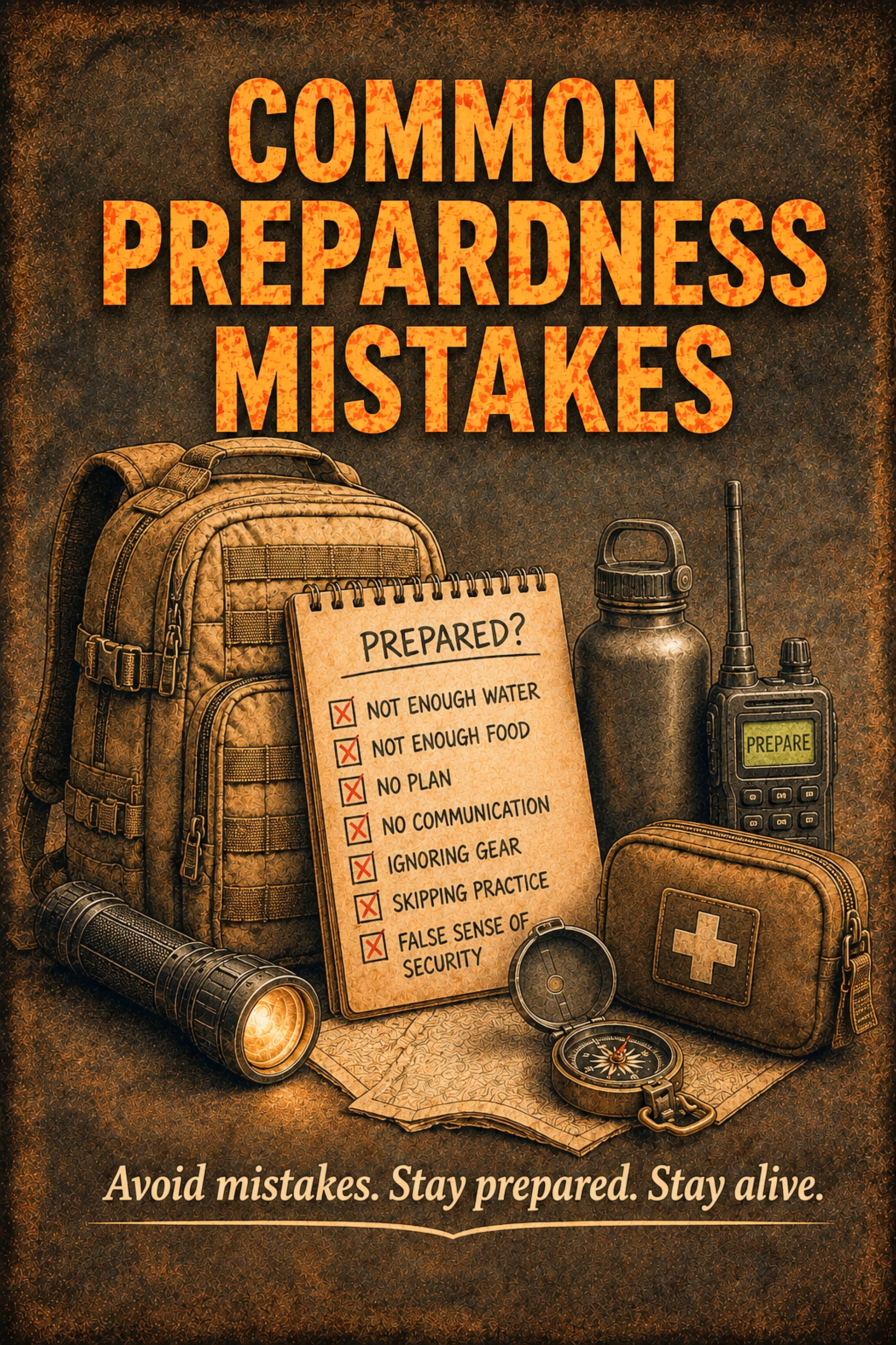 A sepia-toned preparedness poster with the title 'COMMON PREPARENESS MISTAKES' in large orange text. The scene shows survival gear arranged on a textured background: a backpack, notebook with a checklist, water bottle, radio, flashlight, first-aid pouch, compass, and map.