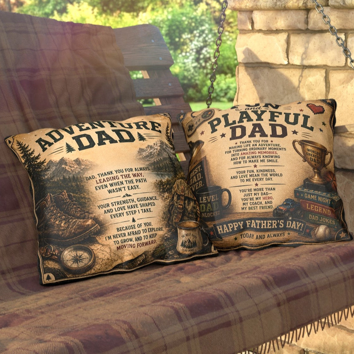 Two decorative pillows with Father's Day messages on a plaid surface.