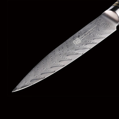 Expertly crafted with exquisite Damascus wood and bone, this 5 inch paring knife is a must-have for any kitchen. The unique pattern of the wood and bone combined with the sharp blade provides optimal slicing and precision. 