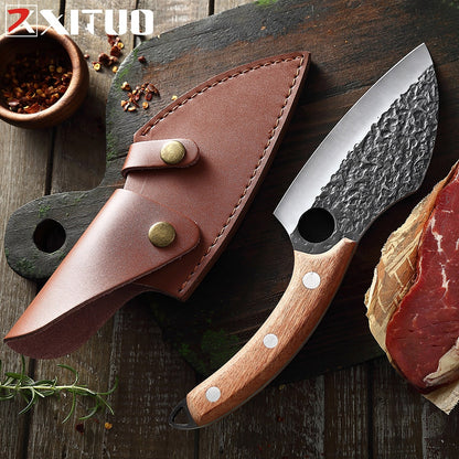 Forged from premium stainless steel, this handmade meat cleaver delivers professional-grade performance for both culinary and field applications. The robust blade geometry excels at breaking down large cuts of meat with minimal effort, while the balanced weight distribution ensures controlled, precise strikes.