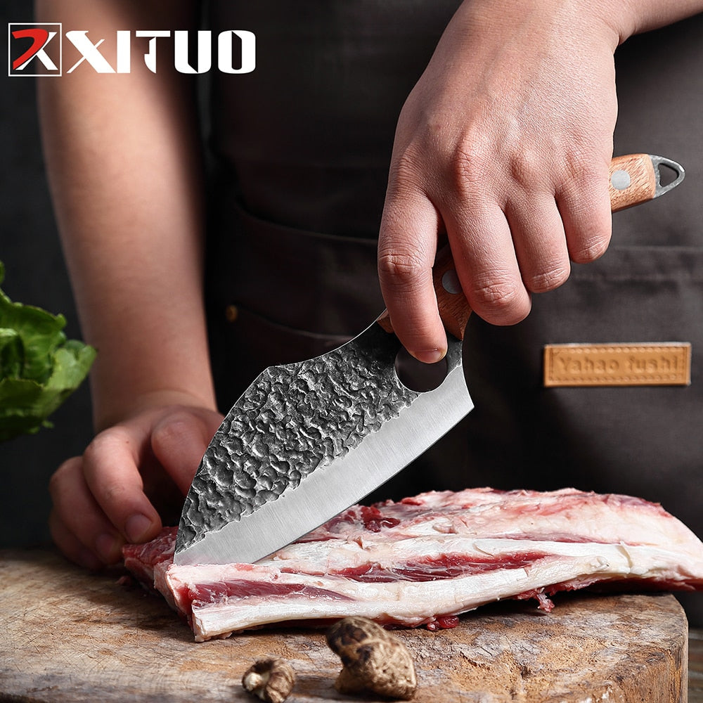 Forged from premium stainless steel, this handmade meat cleaver delivers professional-grade performance for both culinary and field applications. The robust blade geometry excels at breaking down large cuts of meat with minimal effort, while the balanced weight distribution ensures controlled, precise strikes.