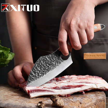 Forged from premium stainless steel, this handmade meat cleaver delivers professional-grade performance for both culinary and field applications. The robust blade geometry excels at breaking down large cuts of meat with minimal effort, while the balanced weight distribution ensures controlled, precise strikes.