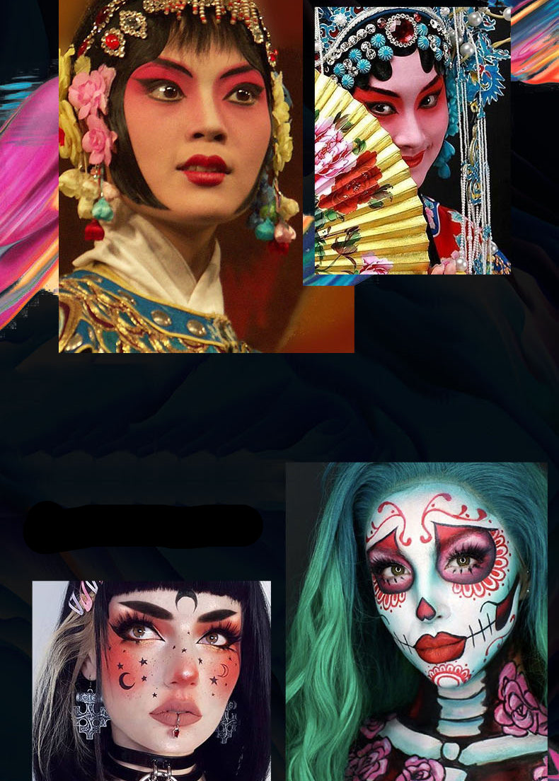 A collage of four portrait photos showing women with dramatic, colorful theatrical and gothic makeup. The top-left portrait features a woman with ornate traditional headwear and red face paint.
