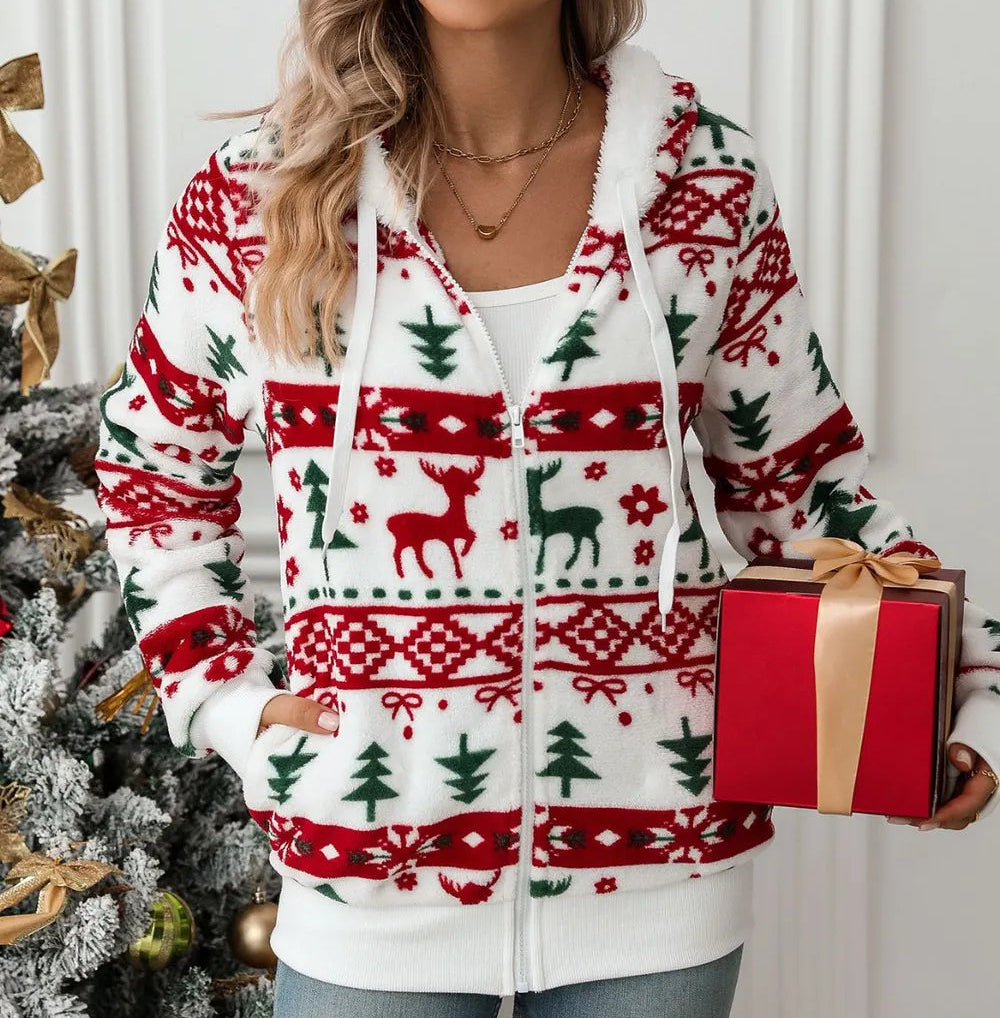 Drawstring Christmas Zip Up Hooded Jacket
