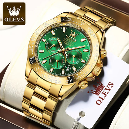 Transform your style with OLEVS Gold Luminous Stainless Steel Watches. Radiate confidence with its elegant, gold design and always stay on time with its luminous hands. Made with durable stainless steel, this watch is an investment in both style and function. Elevate your wardrobe with OLEVS.