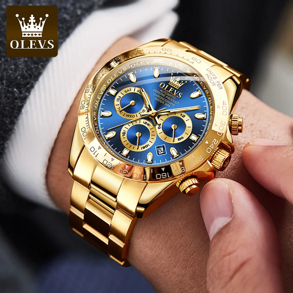 Transform your style with OLEVS Gold Luminous Stainless Steel Watches. Radiate confidence with its elegant, gold design and always stay on time with its luminous hands. Made with durable stainless steel, this watch is an investment in both style and function. Elevate your wardrobe with OLEVS.