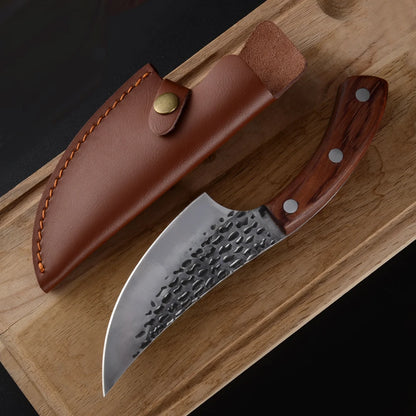 This handcrafted cleaver combines traditional blacksmithing with modern metallurgy. The fortified steel blade, measuring 5.5 inches, delivers exceptional edge retention and durability for precise butchering tasks.