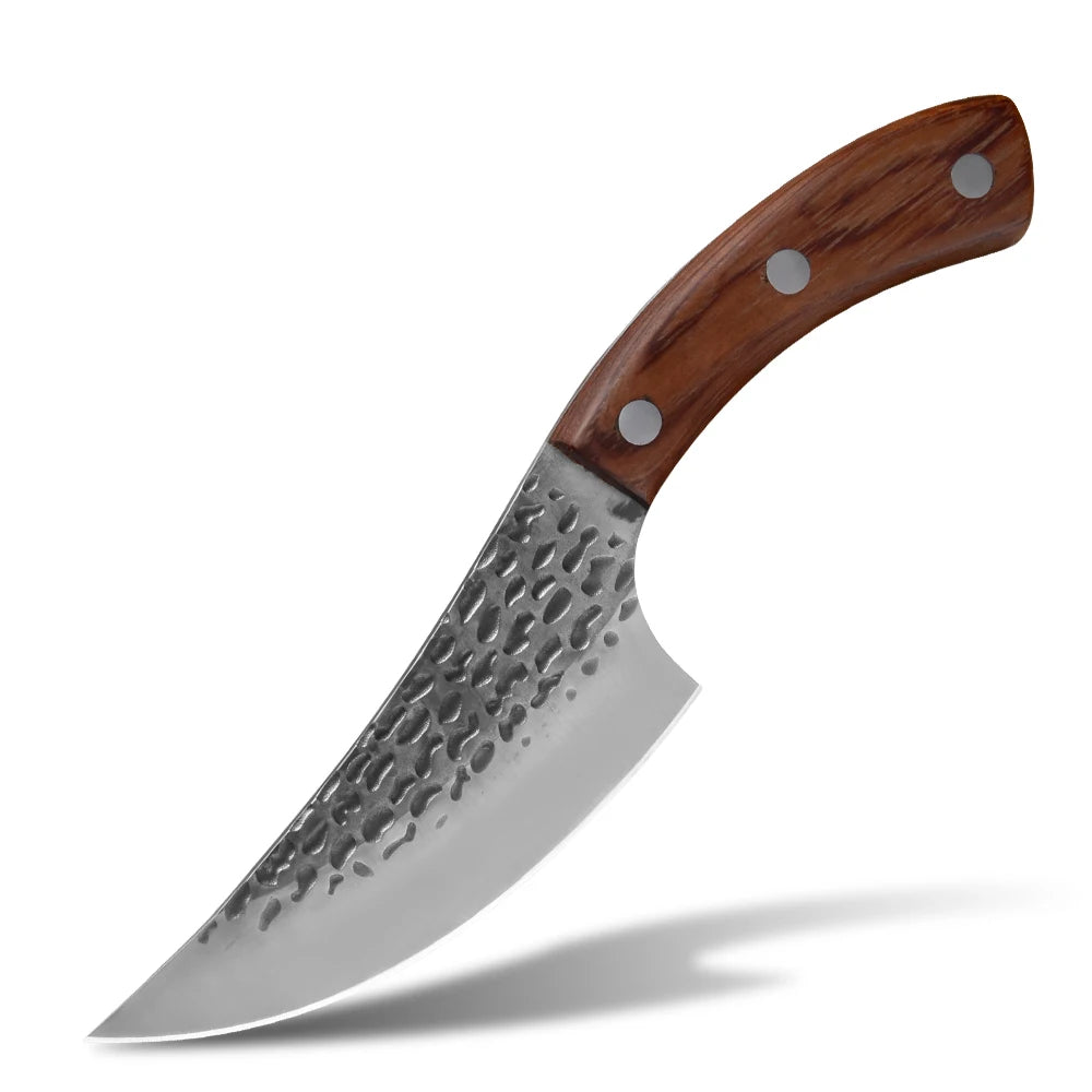 This handcrafted cleaver combines traditional blacksmithing with modern metallurgy. The fortified steel blade, measuring 5.5 inches, delivers exceptional edge retention and durability for precise butchering tasks.