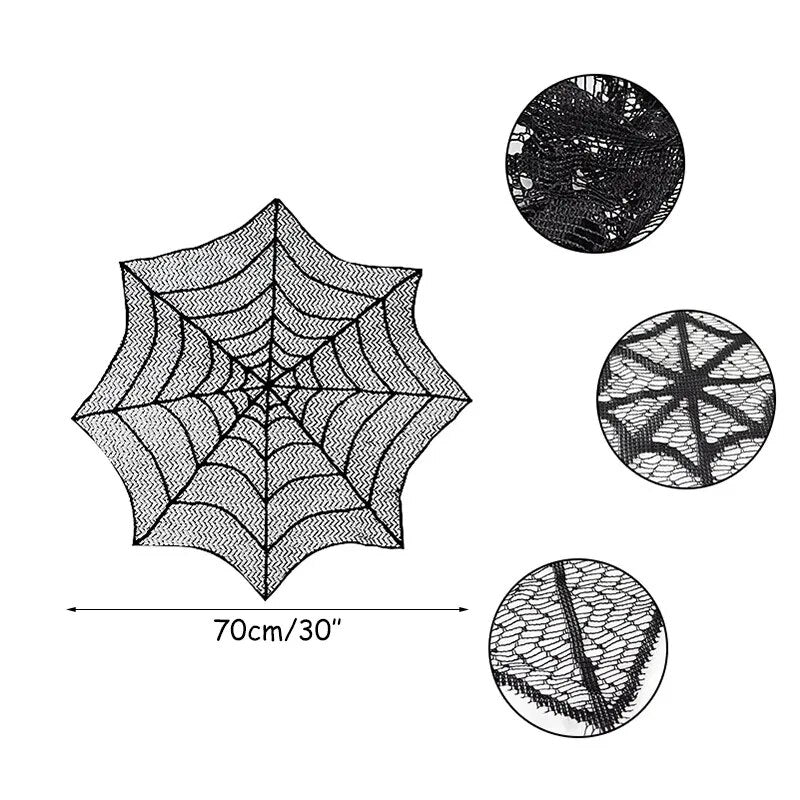 Show your spooky style with this mysterious Black Lace Spider Web Tablecloth. Its intricate black lace web pattern will bring a unique touch of sophistication to your Halloween decor and is perfect for creating an eerie atmosphere! Unleash your inner boldness and challenge your guests with the unexpected.