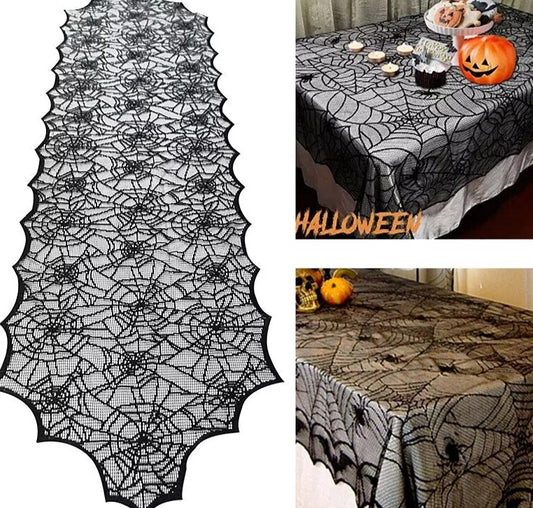 Show your spooky style with this mysterious Black Lace Spider Web Tablecloth. Its intricate black lace web pattern will bring a unique touch of sophistication to your Halloween decor and is perfect for creating an eerie atmosphere! Unleash your inner boldness and challenge your guests with the unexpected.
