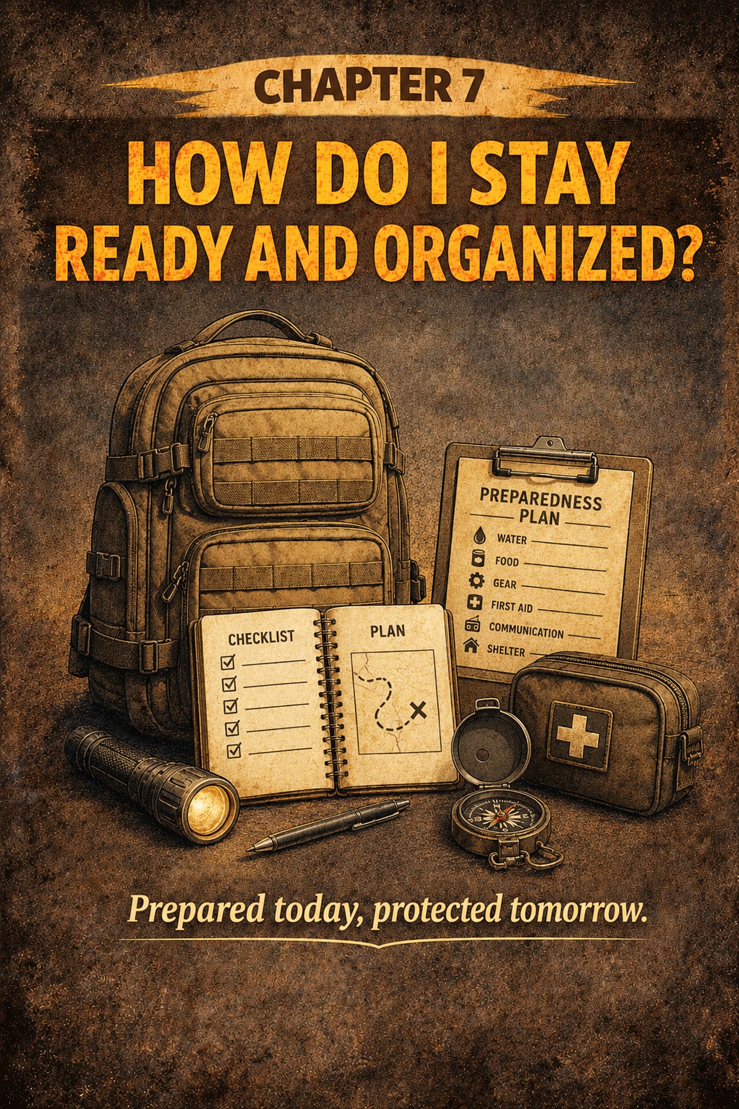 A book cover or poster-style graphic titled "Chapter 7 How Do I Stay Ready and Organized?" with illustrated survival-prep items including a backpack, flashlight, notebook, clipboard, compass, and first-aid kit on a textured brown background.