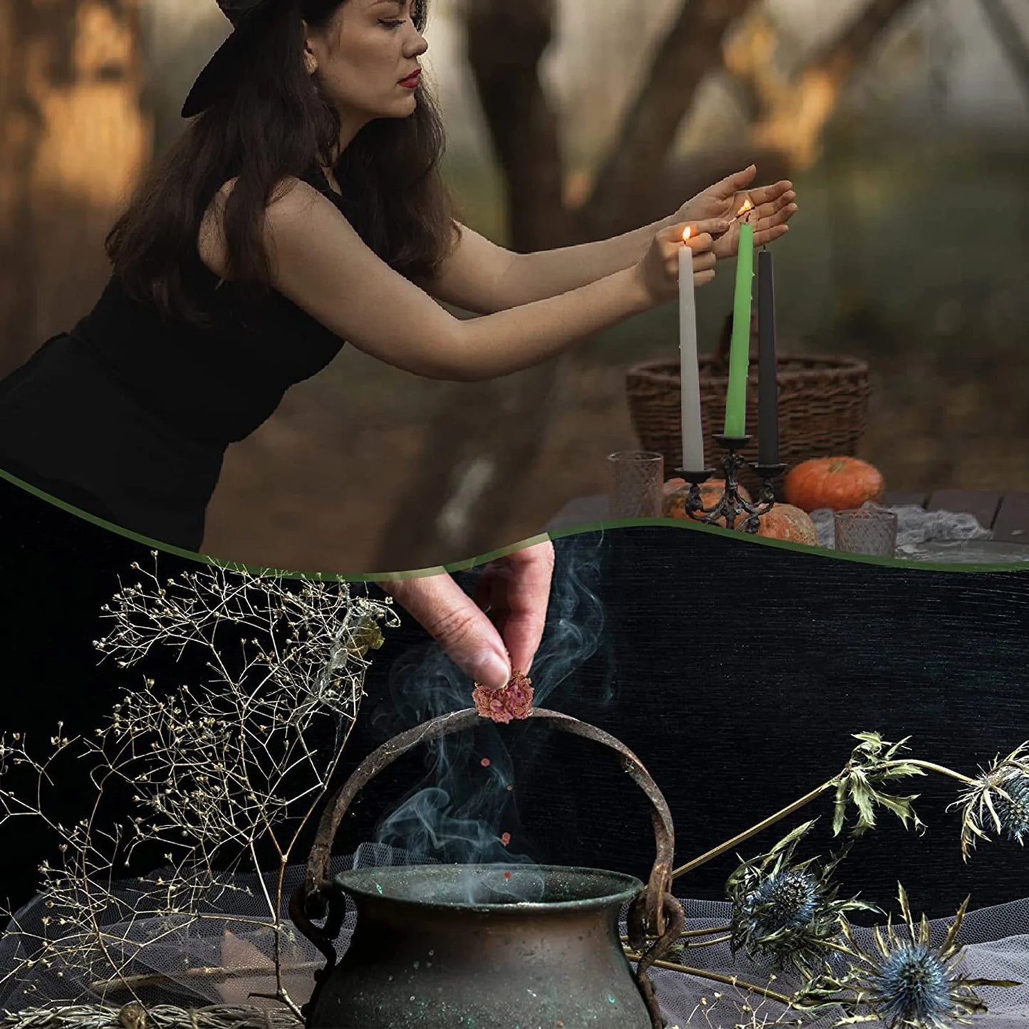 Think of what you want to bring into your life, this witchcraft kit will help you. This rich witch collection includes 10 mini gemstone bottles, 10 magical dried herbs, 10 colored candles, 5 parchments. Happy spell-casting!