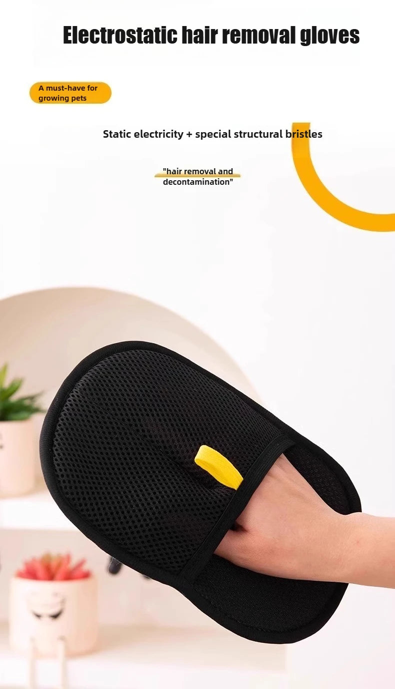 Electrostatic hair removal glove with text on a white background