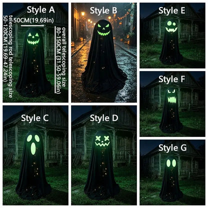A 7-panel size and style comparison collage for a Halloween ghost decoration. The panels show the black ghost figure in different spooky nighttime settings, with glowing face designs (Style A through Style G) and overlaid dimensions for Style A.