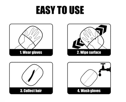 Instructions for using a hair collection device with icons and text on a white background.