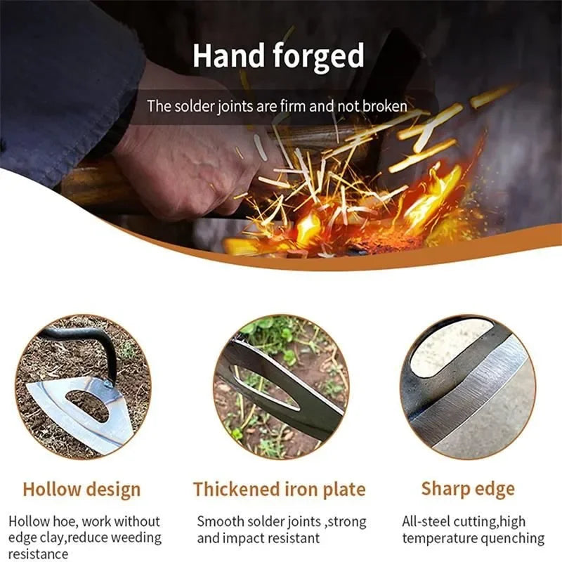 Hand forging process with sparks and text highlighting features like hollow design, thickened iron plate, and sharp edge.