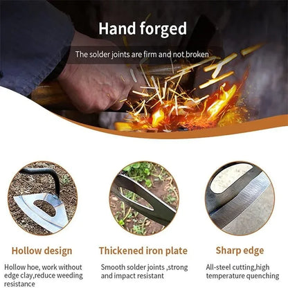 Hand forging process with sparks and text highlighting features like hollow design, thickened iron plate, and sharp edge.