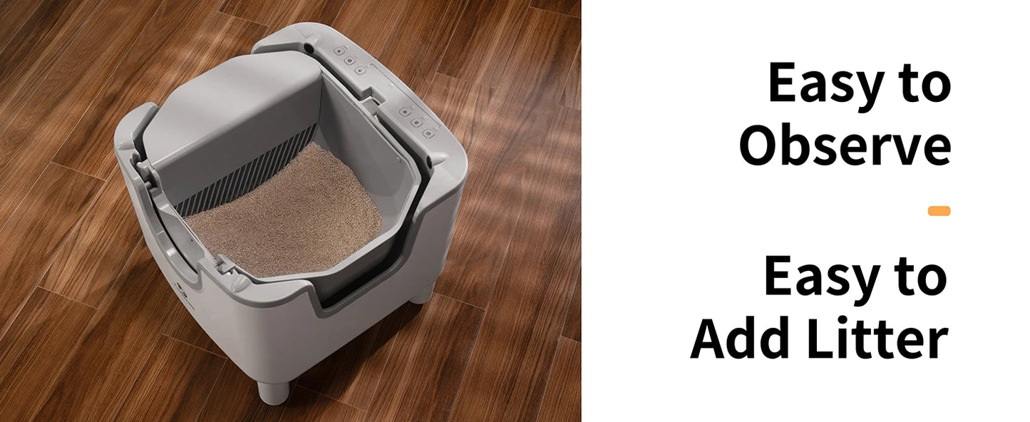 Cat litter box on a wooden floor with text highlighting features