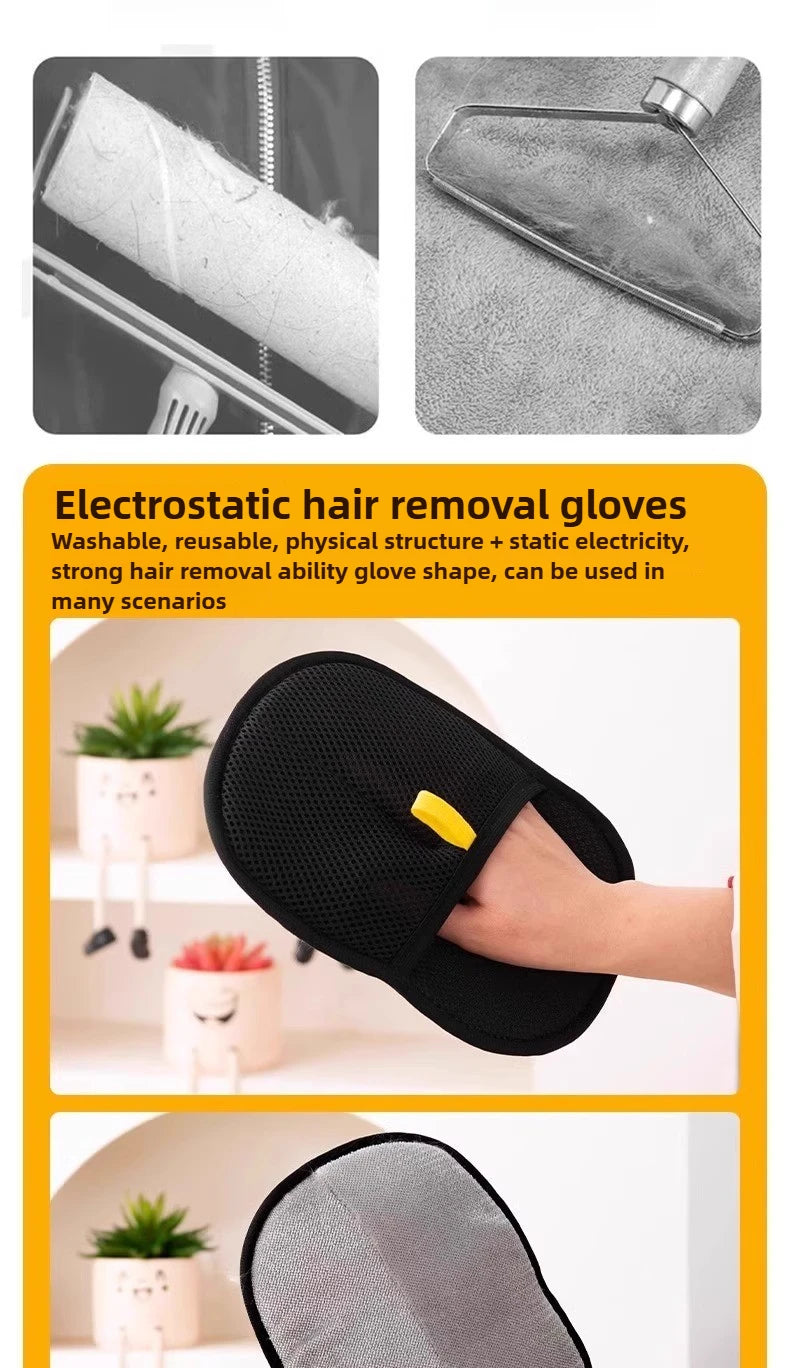 Electrostatic hair removal gloves with text on a yellow background