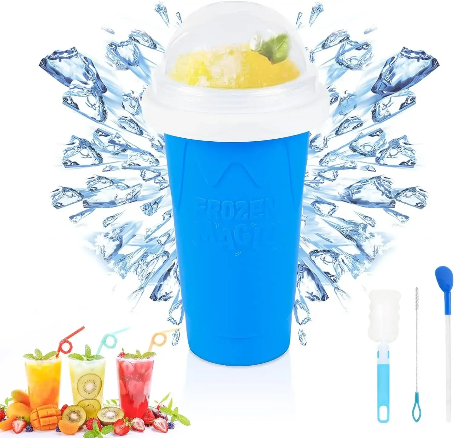 Blue ice cream maker with ingredients and accessories on a white background