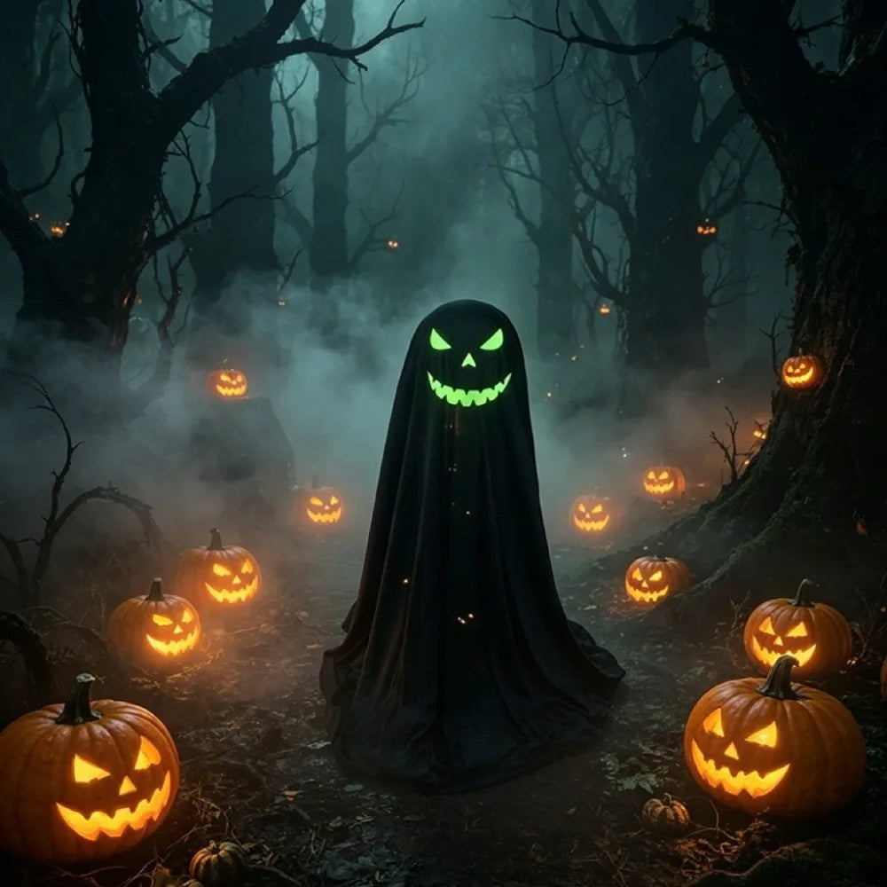 A spooky Halloween scene with a black ghost figure in the center wearing a glowing green jack-o'-lantern face, surrounded by carved pumpkins and bare trees in a misty forest.