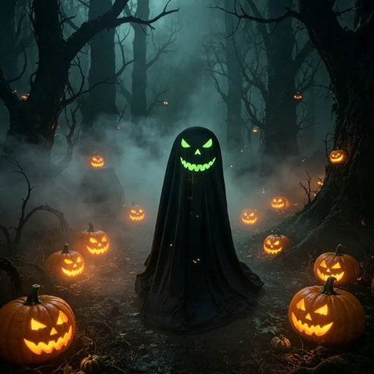 A spooky Halloween scene with a black ghost figure in the center wearing a glowing green jack-o'-lantern face, surrounded by carved pumpkins and bare trees in a misty forest.
