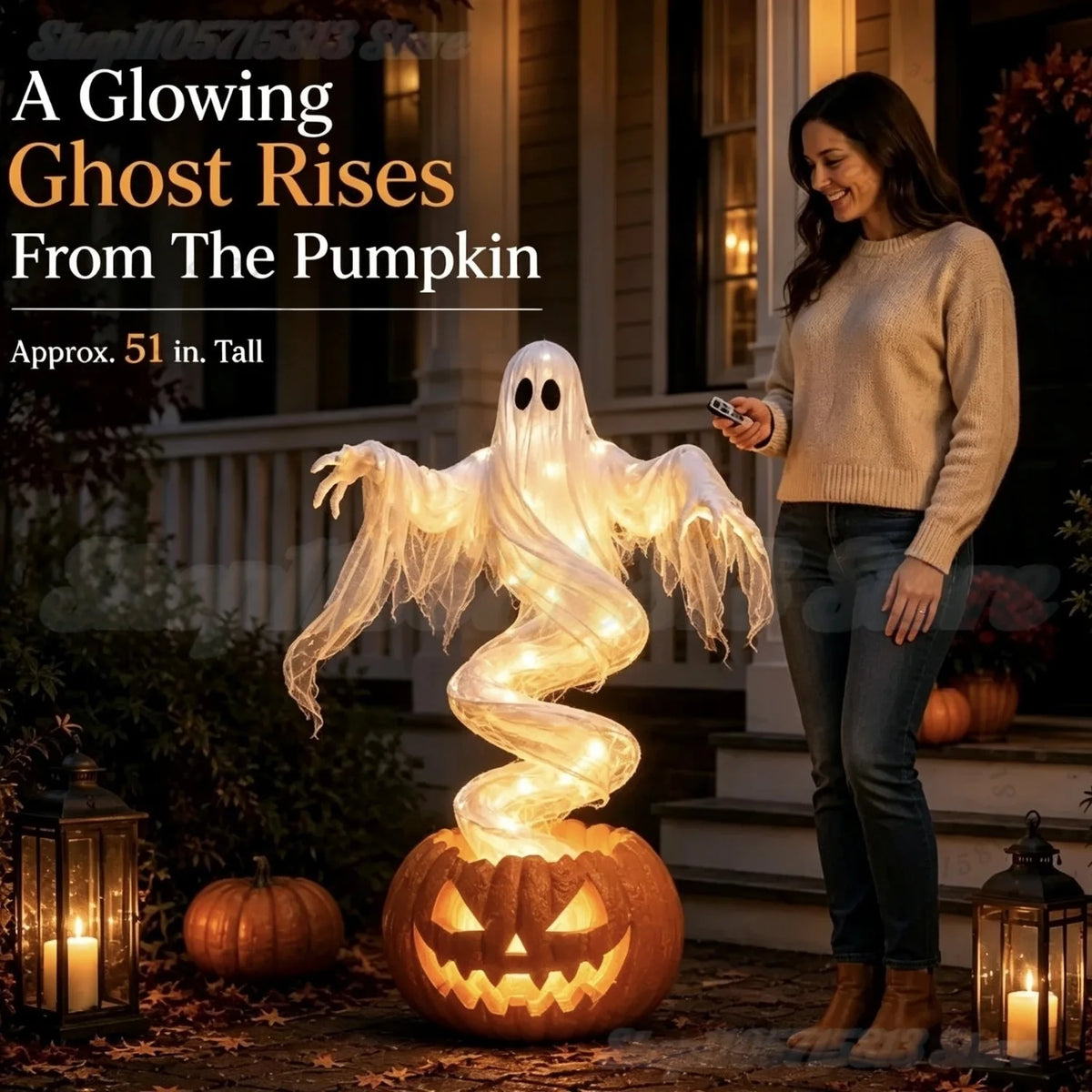 A glowing ghost Halloween decoration rising from a carved pumpkin on a porch, with a woman standing beside it holding a phone. Text on the image reads 'A Glowing Ghost Rises From The Pumpkin' and 'Approx.