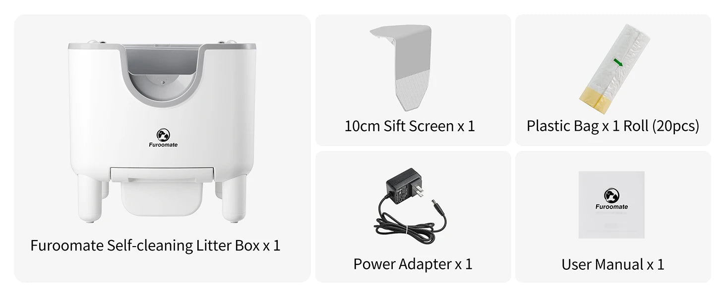 Furzoomate self-cleaning litter box with accessories on a white background