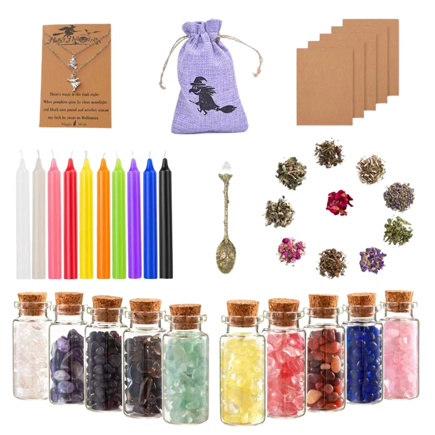 Think of what you want to bring into your life, this witchcraft kit will help you. This rich witch collection includes 10 mini gemstone bottles, 10 magical dried herbs, 10 colored candles, 5 parchments. Happy spell-casting!