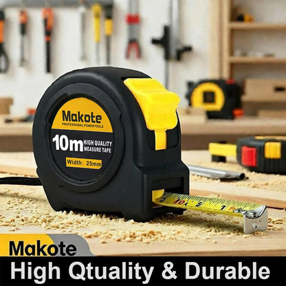 Makote tape measure on a wooden surface with workshop background