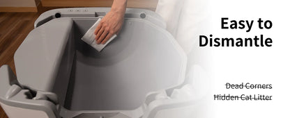 Person cleaning a gray pet litter box with text highlighting ease of dismantling and cleaning.