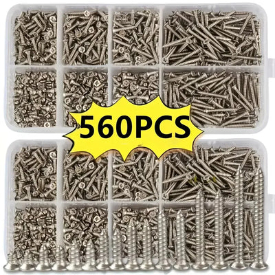 Assorted screws in a clear plastic box with a yellow label indicating 560 pieces.