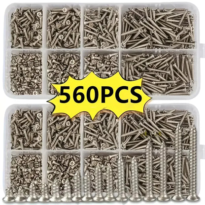Assorted screws in a clear plastic box with a yellow label indicating 560 pieces.