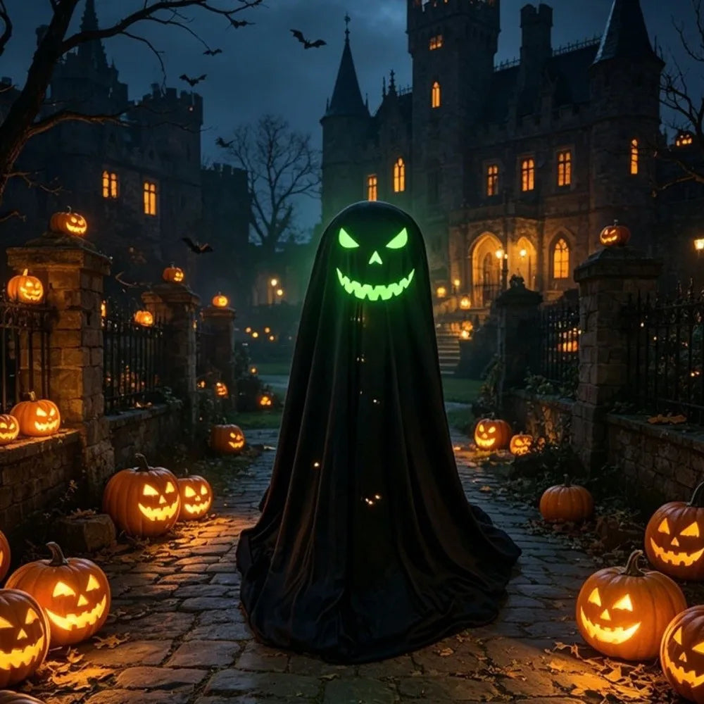 A ghostly figure in a black sheet with a glowing green jack-o'-lantern face stands in a cobblestone courtyard at night, surrounded by lit pumpkins and a dark haunted castle in the background.