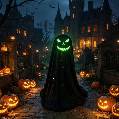 A ghostly figure in a black sheet with a glowing green jack-o'-lantern face stands in a cobblestone courtyard at night, surrounded by lit pumpkins and a dark haunted castle in the background.