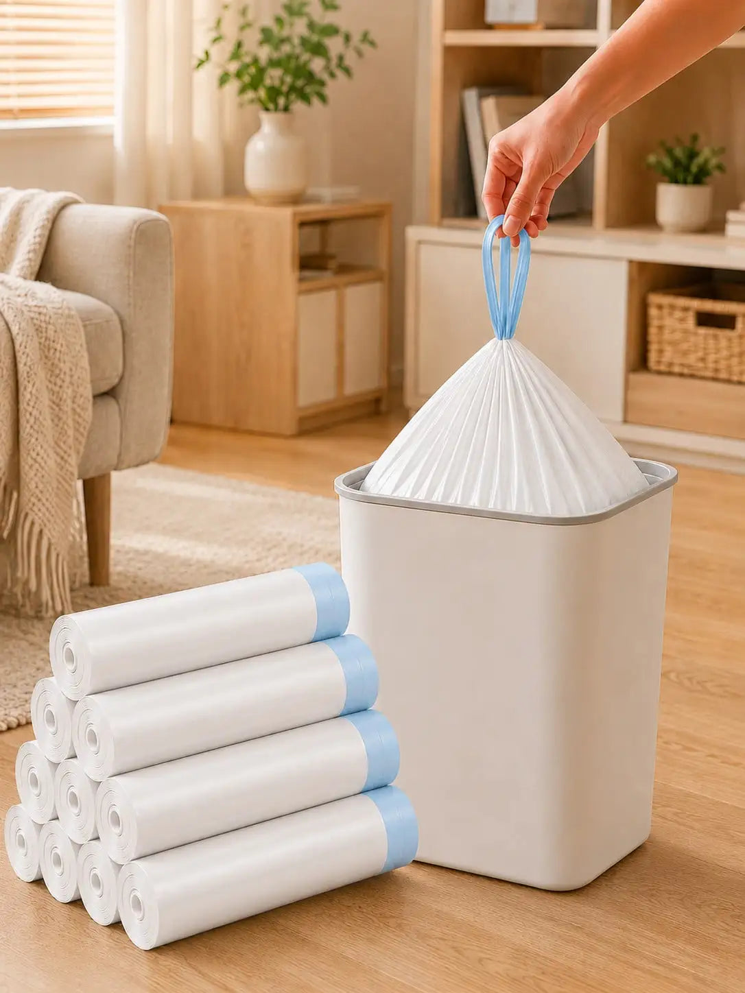 A person's hand is shown placing a white plastic trash bag with a blue pull loop into a white rectangular trash can. Several rolled trash bags with blue edges are stacked on the floor next to the can in a bright, modern living room setting.