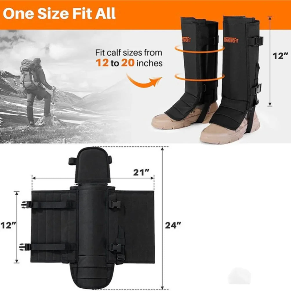 Black calf sleeves with size fit-all measurement diagram and product photo. The top section shows the sleeves worn on feet with text indicating fit for calf sizes 12 to 20 inches.