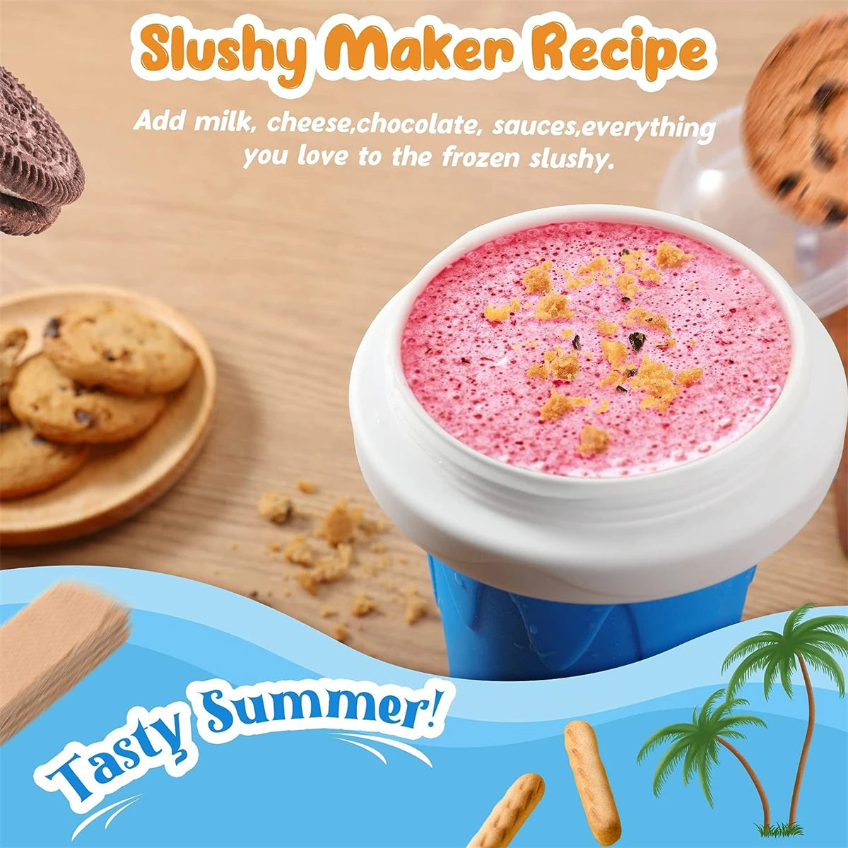 Pink slushy in a blue slushy maker with cookies and palm trees on a wooden surface.