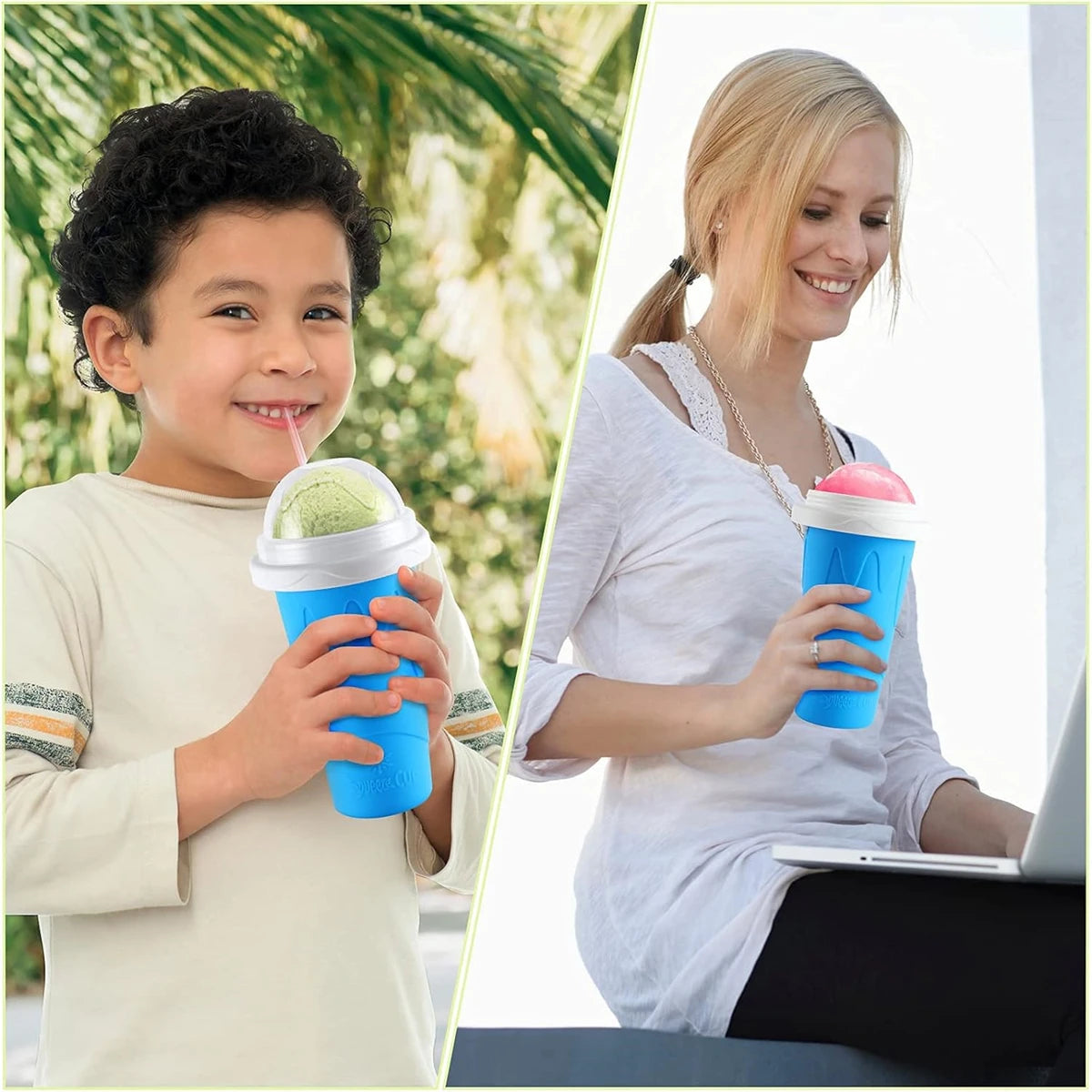 Two people holding blue insulated cups with lids outdoors.