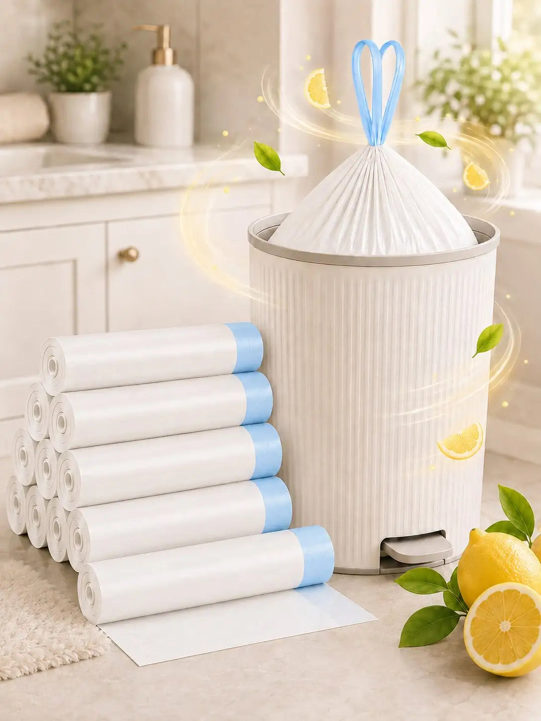 A white ribbed trash can with a blue handle and a white bag inserted, shown next to a stack of rolled white bags with blue ends in a bright kitchen setting. Lemons and green leaves are placed around the can, with glowing decorative swirls around the bag.