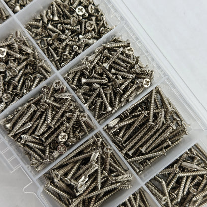 Assorted screws in a clear plastic organizer on a white background