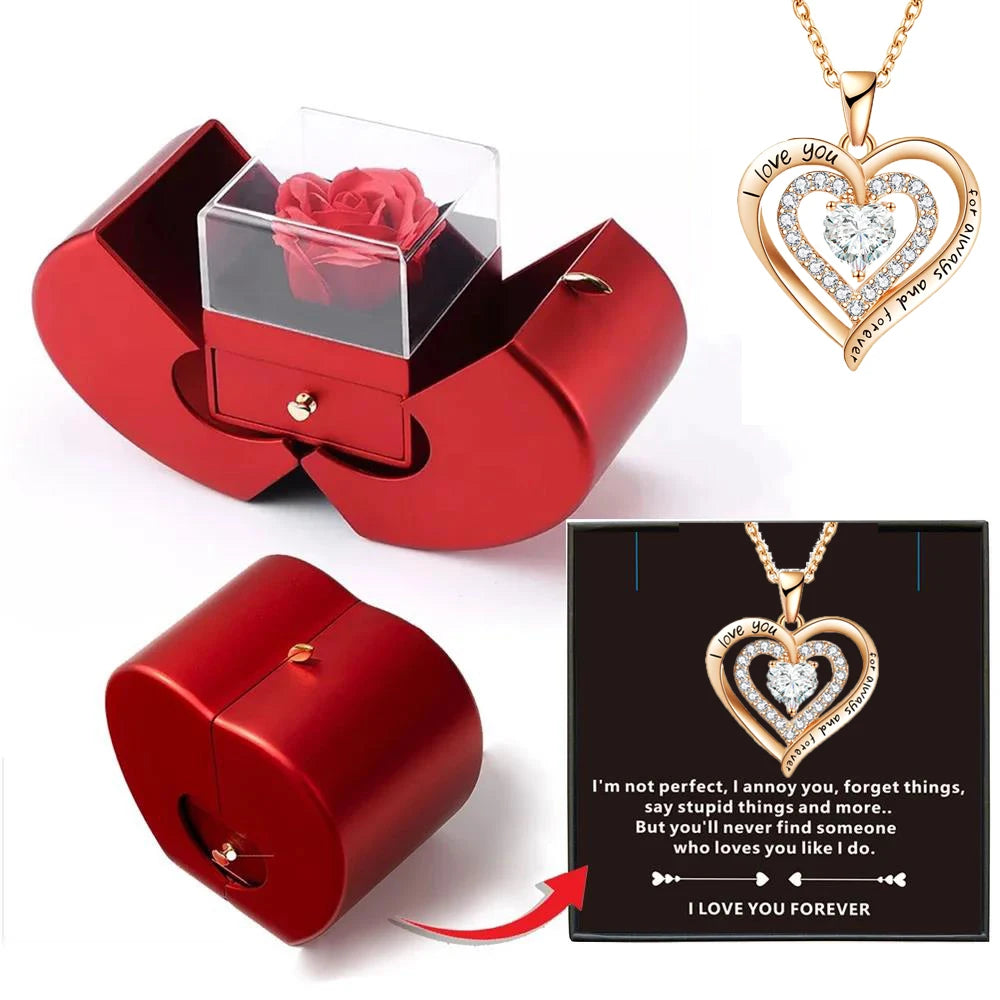 Indulge in timeless elegance with our Eternal Rose Jewelry Box and accompanying Elegant Love Necklace. The delicate rose motif on the box pairs perfectly with the exquisite necklace, making it the perfect gift for that special someone. Display your love with this luxurious set.