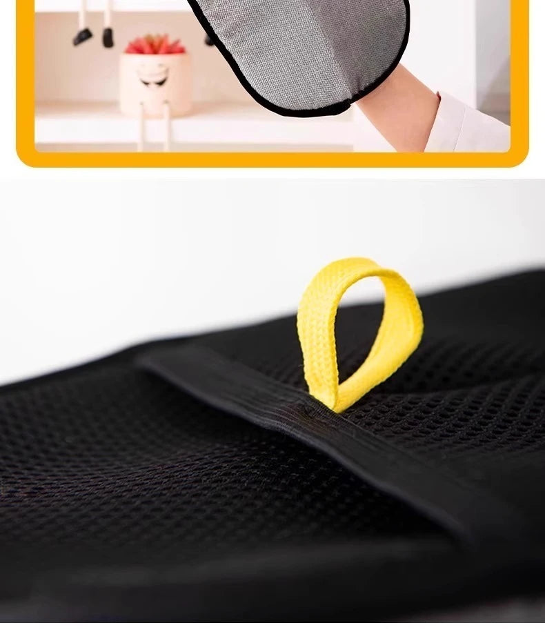 Yellow hair tie on a black car seat with a close-up inset of a person using a hair dryer.