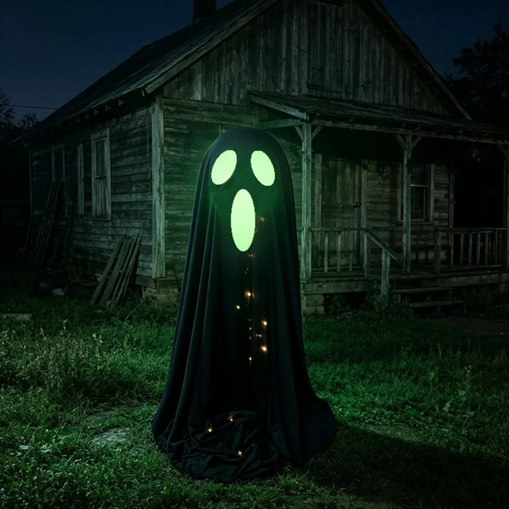 A ghost-shaped Halloween decoration draped in a black sheet stands in a grassy yard at night in front of an old wooden house. The face area glows green with oval eyes and a mouth, and small warm lights are visible along the lower edge.