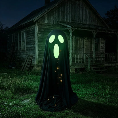 A ghost-shaped Halloween decoration draped in a black sheet stands in a grassy yard at night in front of an old wooden house. The face area glows green with oval eyes and a mouth, and small warm lights are visible along the lower edge.