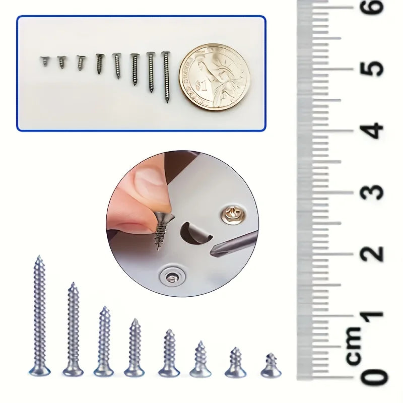 Set of screws with a coin for size reference, close-up of screws being used, and a ruler for scale.