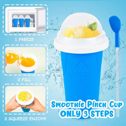 Blue smoothie pinch cup with instructions on a blue background