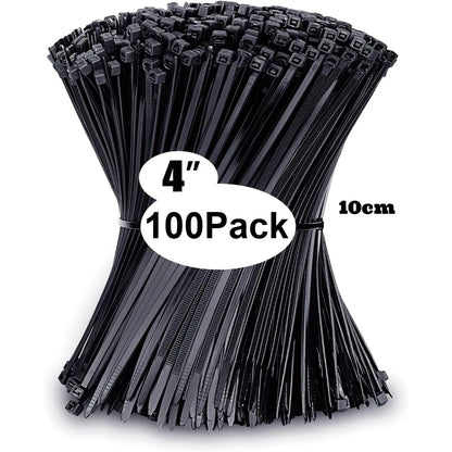 100-pack of black cable ties with a 4-inch length label on a white background