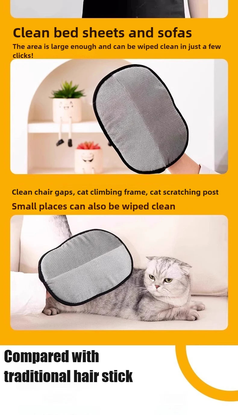 Cat using a grooming tool on a sofa with text describing its use for cleaning bed sheets, sofas, chair gaps, and cat climbing frames.
