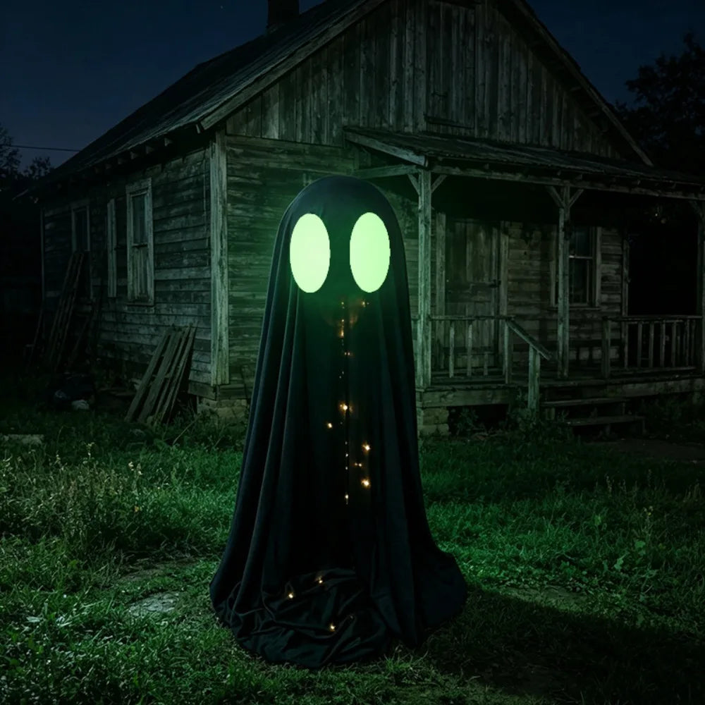 A ghost-shaped Halloween decoration or costume standee made from a black draped sheet, with two glowing green oval eyes and small warm string lights, set outdoors in front of an old wooden house at night.